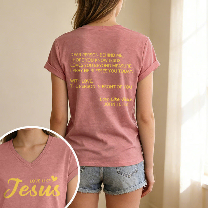Christianartworkshop T-shirt décontracté à col en V avec inscription « Chère personne derrière moi » (verset Jean 15:12, texte au dos) - image 7