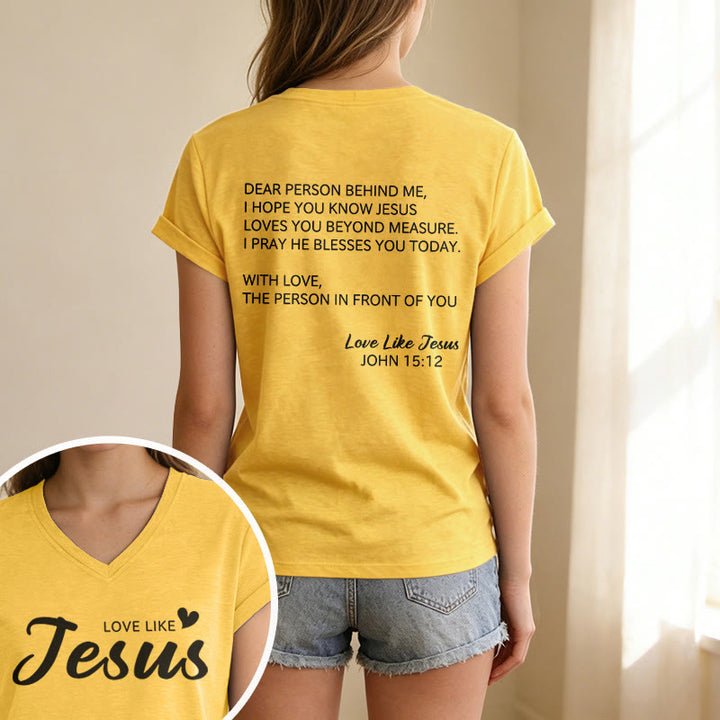 Christianartworkshop T-shirt décontracté à col en V avec inscription « Chère personne derrière moi » (verset Jean 15:12, texte au dos) - image 25
