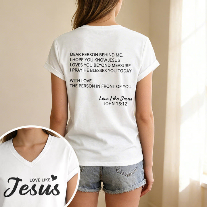 Christianartworkshop T-shirt décontracté à col en V avec inscription « Chère personne derrière moi » (verset Jean 15:12, texte au dos) - image 61
