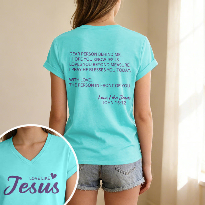Christianartworkshop T-shirt décontracté à col en V avec inscription « Chère personne derrière moi » (verset Jean 15:12, texte au dos) - image 67