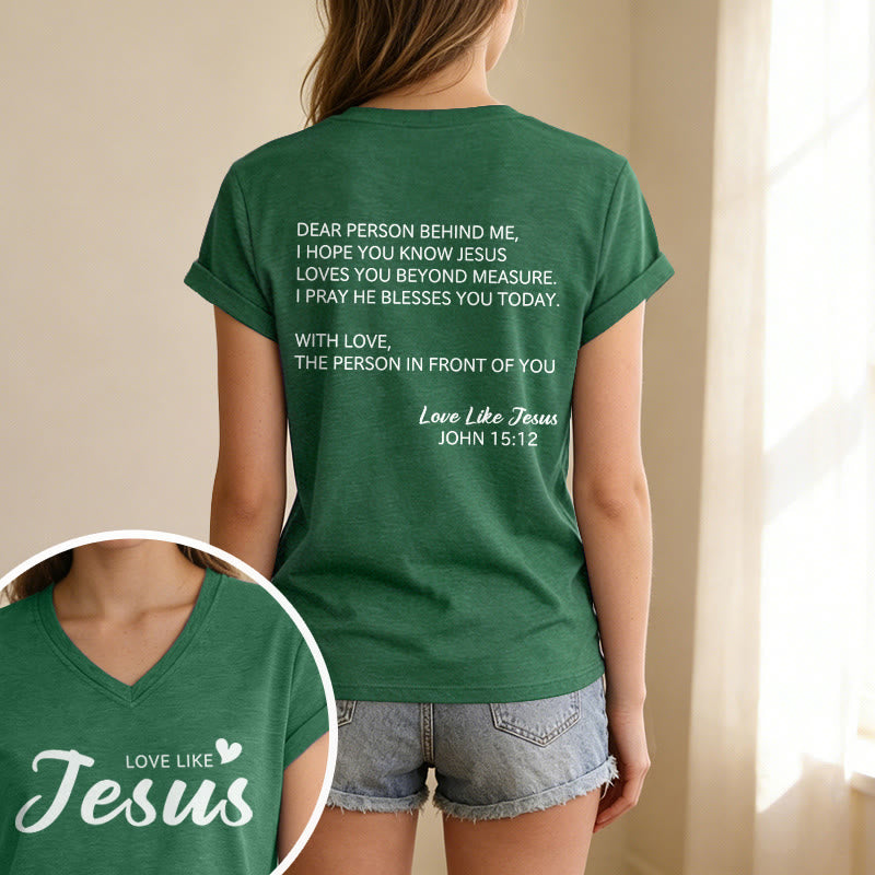 Christianartworkshop T-shirt décontracté à col en V avec inscription « Chère personne derrière moi » (verset Jean 15:12, texte au dos) - image 73