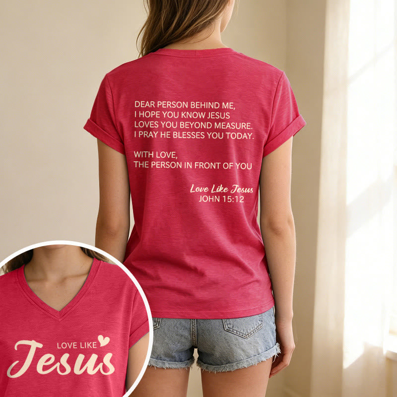 Christianartworkshop T-shirt décontracté à col en V avec inscription « Chère personne derrière moi » (verset Jean 15:12, texte au dos) - image 31