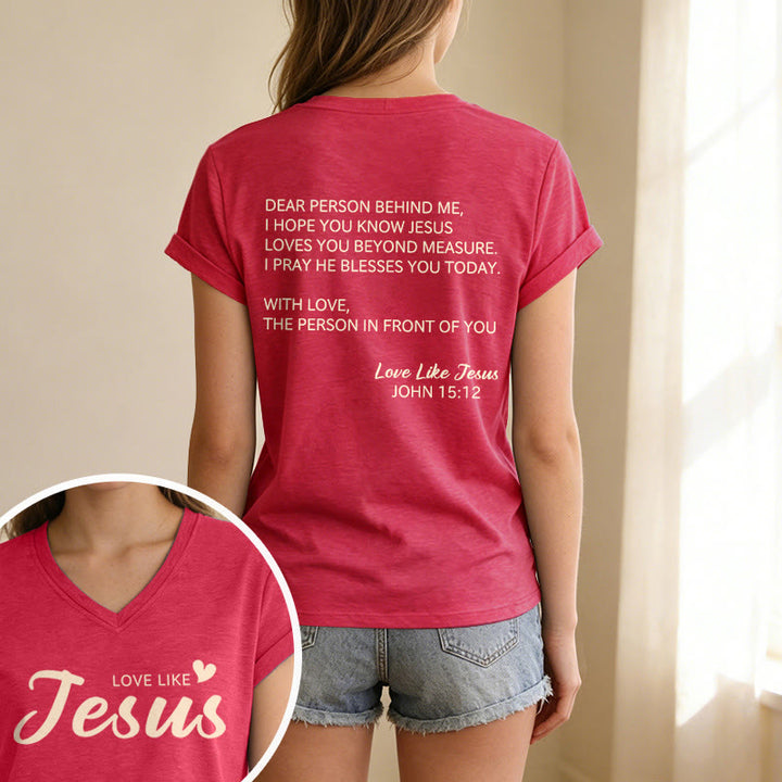 Christianartworkshop T-shirt décontracté à col en V avec inscription « Chère personne derrière moi » (verset Jean 15:12, texte au dos) - image 31
