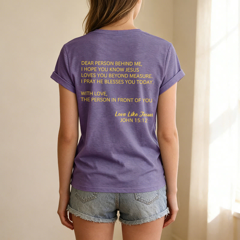 Christianartworkshop T-shirt décontracté à col en V avec inscription « Chère personne derrière moi » (verset Jean 15:12, texte au dos) - image 41