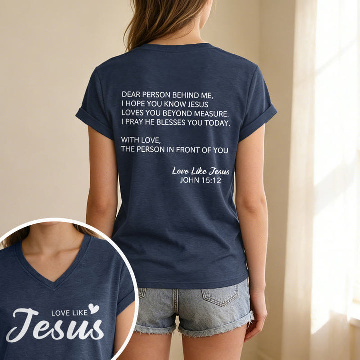Christianartworkshop T-shirt décontracté à col en V avec inscription « Chère personne derrière moi » (verset Jean 15:12, texte au dos) - image 43