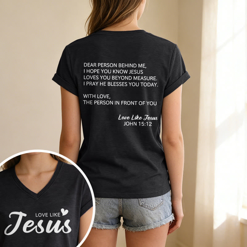 Christianartworkshop T-shirt décontracté à col en V avec inscription « Chère personne derrière moi » (verset Jean 15:12, texte au dos) - image 13