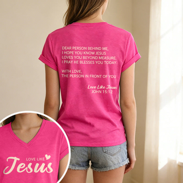 Christianartworkshop T-shirt décontracté à col en V avec inscription « Chère personne derrière moi » (verset Jean 15:12, texte au dos) - image 49