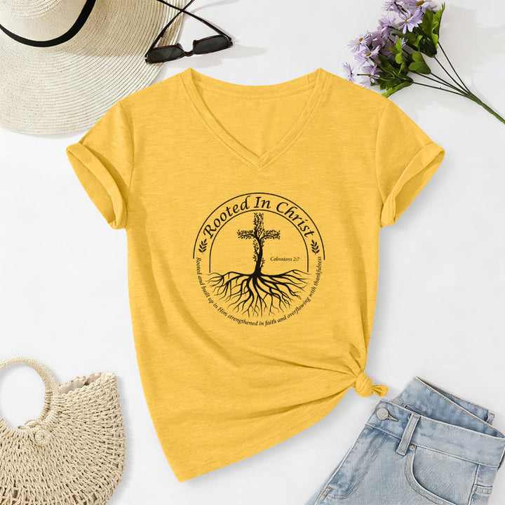 Christianartworkshop T-shirt décontracté à col en V avec motif de croix et de racines d'arbres, encadré circulaire et verset biblique, enraciné en Christ - Jaune - 2XL - image 8