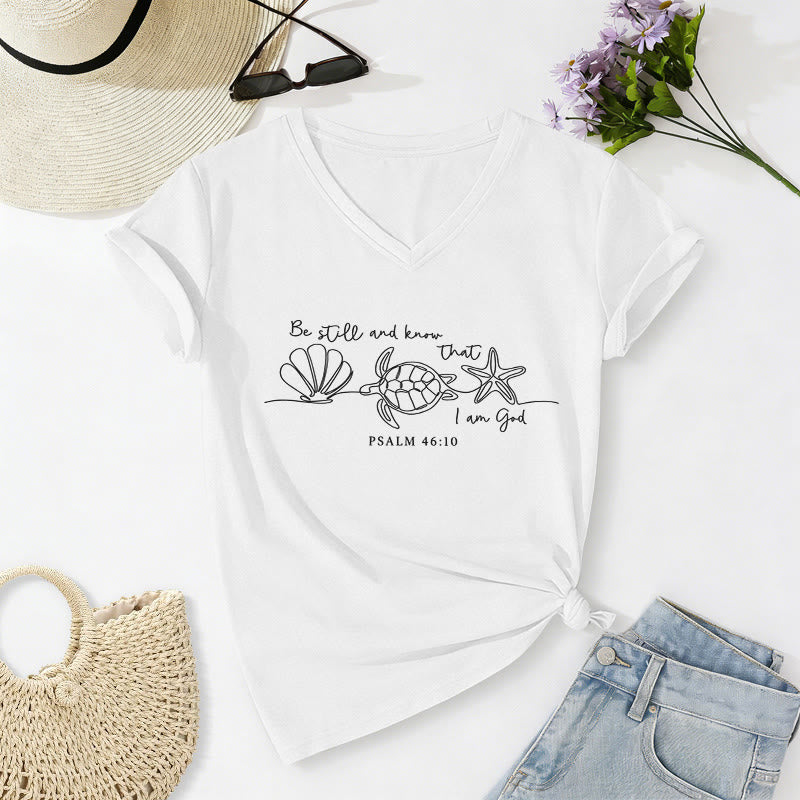 Christianartworkshop T-shirt col V « Soyez tranquilles et sachez que je suis Dieu » (dessin au trait, carapace de tortue marine, étoile de mer, Psaume 46:10) - Blanc - 2XL - image 22