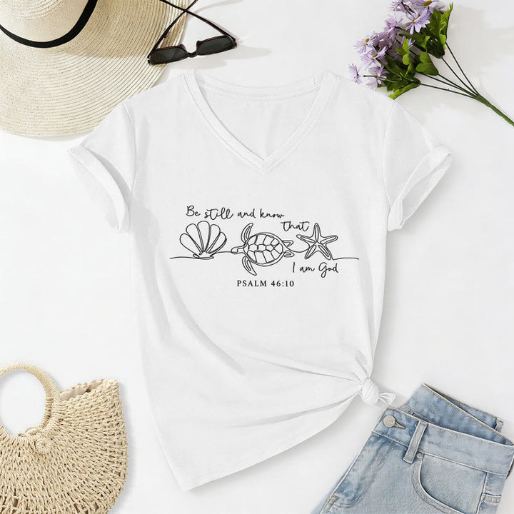 Christianartworkshop T-shirt col V « Soyez tranquilles et sachez que je suis Dieu » (dessin au trait, carapace de tortue marine, étoile de mer, Psaume 46:10) - Blanc - 2XL - image 22