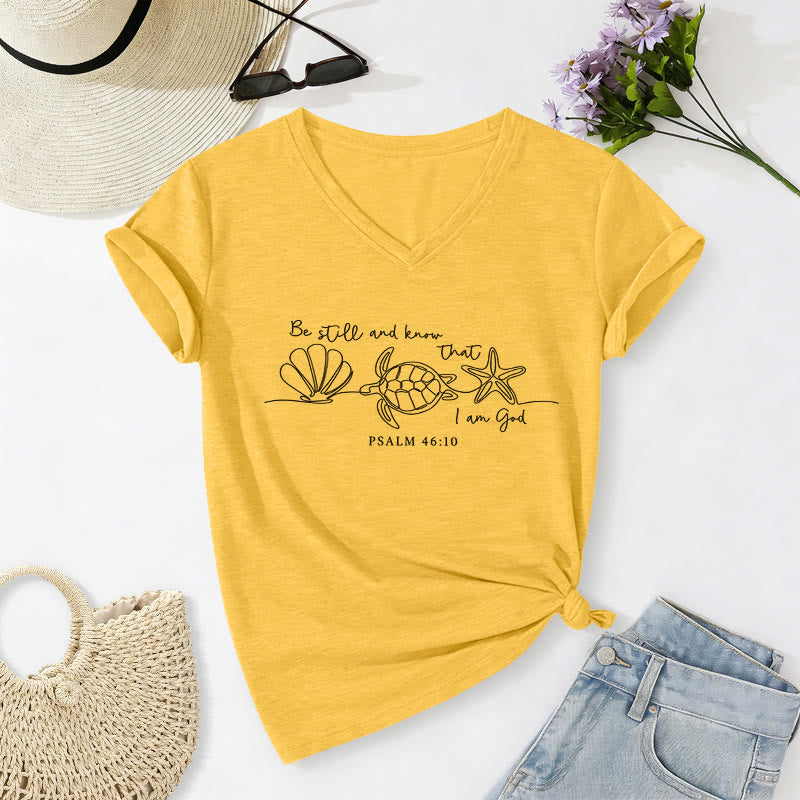 Christianartworkshop T-shirt col V « Soyez tranquilles et sachez que je suis Dieu » (dessin au trait, carapace de tortue marine, étoile de mer, Psaume 46:10) - Jaune - 2XL - image 10