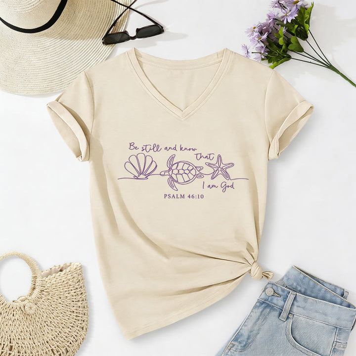 Christianartworkshop T-shirt col V « Soyez tranquilles et sachez que je suis Dieu » (dessin au trait, carapace de tortue marine, étoile de mer, Psaume 46:10) - Beige - 2XL - image 8