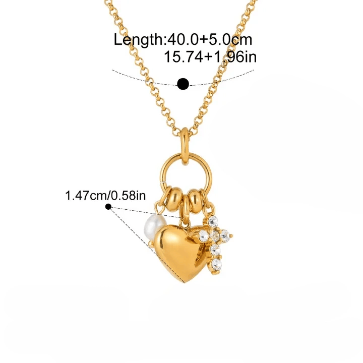 Christianartworkshop Collier à maillons multiples avec pendentif cœur en pierre et croix : emblème intemporel de douce protection céleste - Doré - Cœur et croix sacrés polis - image 6