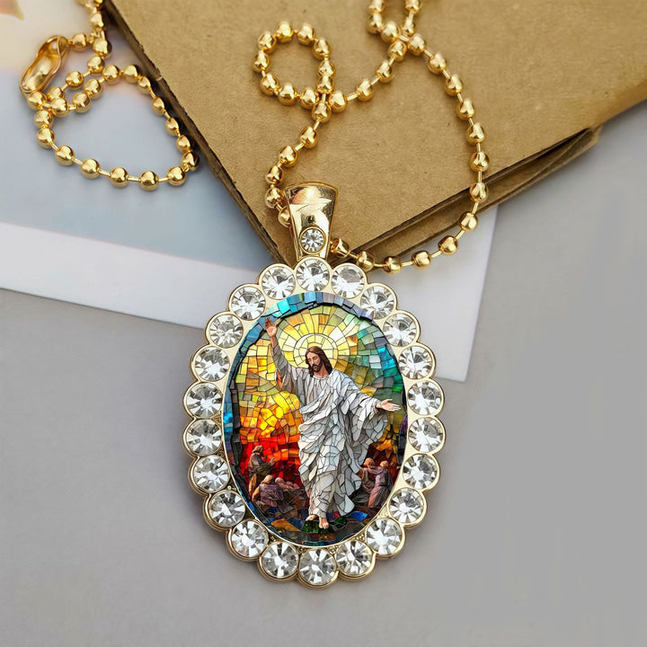 Christianartworkshop Collier à chaîne boule avec cadre ovale et portrait de Jésus : emblème intemporel de la douce protection céleste - Bénédiction de Jésus - image 5