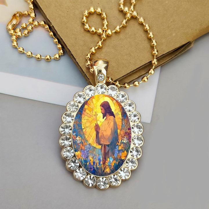 Christianartworkshop Collier à chaîne boule avec cadre ovale et portrait de Jésus : emblème intemporel de la douce protection céleste - Jésus et le Sacré-Cœur - image 0