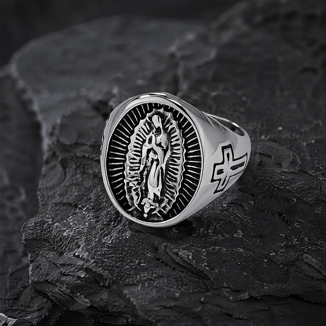 Christianartworkshop Bague imposante en relief avec croix Notre-Dame de Guadalupe : emblème intemporel d’une foi sacrée inébranlable - Argent - US 12 - image 8