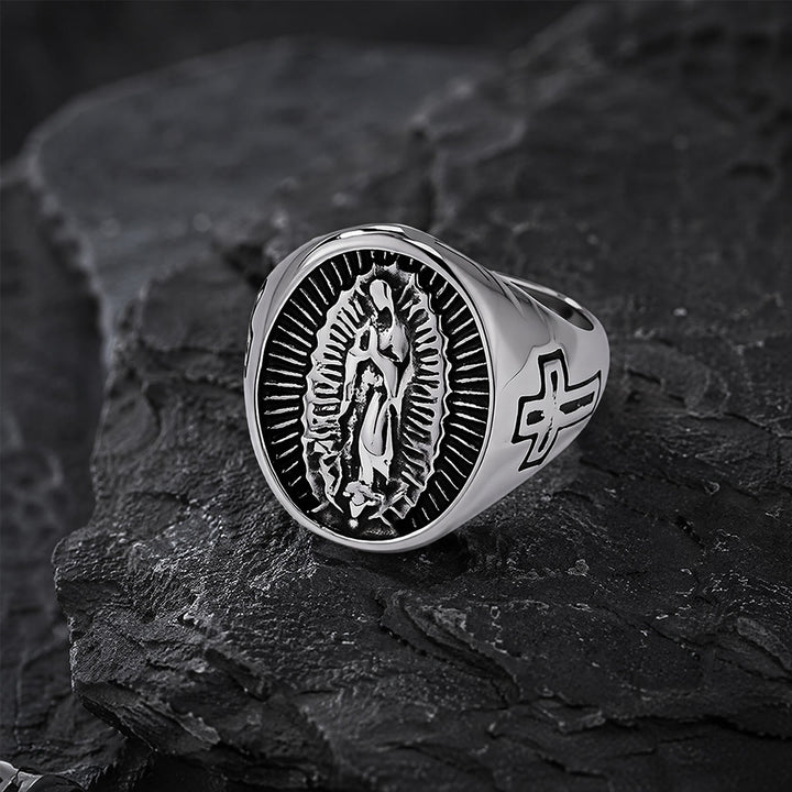Christianartworkshop Bague imposante en relief avec croix Notre-Dame de Guadalupe : emblème intemporel d’une foi sacrée inébranlable - Argent - US 12 - image 8