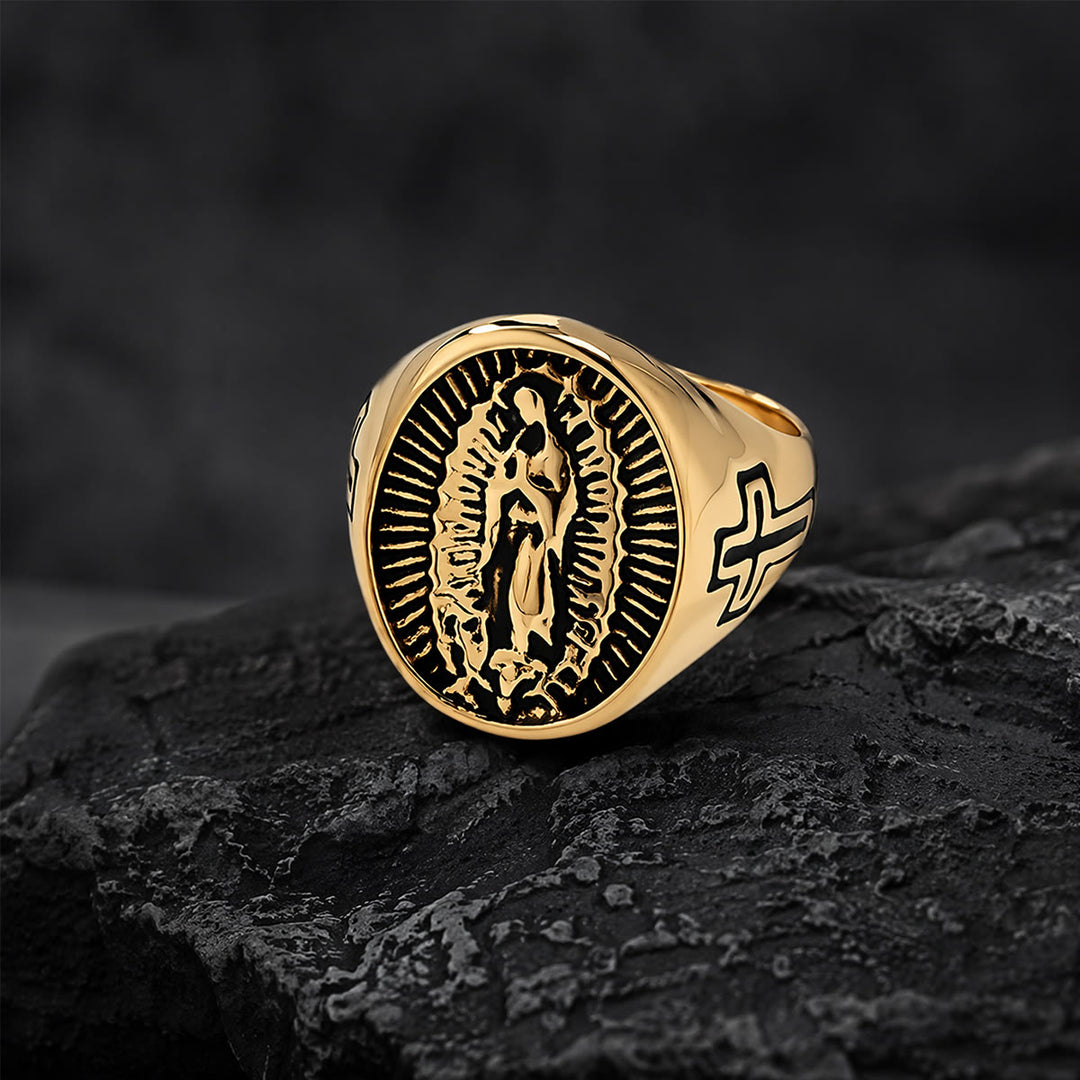 Christianartworkshop Bague imposante en relief avec croix Notre-Dame de Guadalupe : emblème intemporel d’une foi sacrée inébranlable - Doré - US 12 - image 2