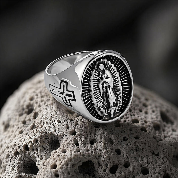 Christianartworkshop Bague imposante en relief avec croix Notre-Dame de Guadalupe : emblème intemporel d’une foi sacrée inébranlable - image 11