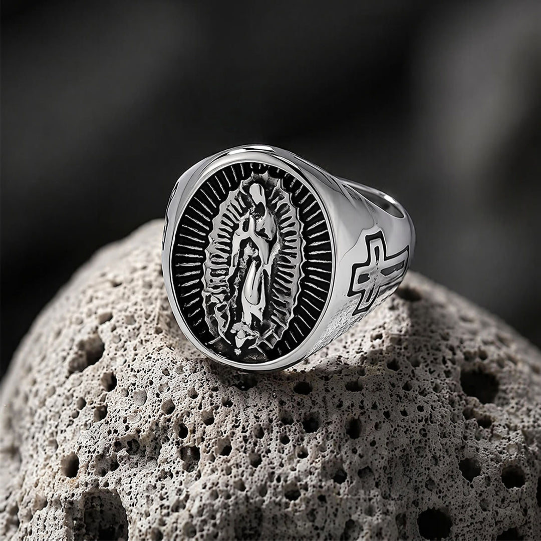 Christianartworkshop Bague imposante en relief avec croix Notre-Dame de Guadalupe : emblème intemporel d’une foi sacrée inébranlable - image 9
