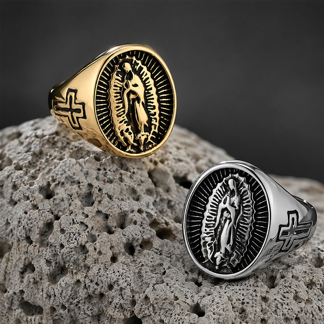 Christianartworkshop Bague imposante en relief avec croix Notre-Dame de Guadalupe : emblème intemporel d’une foi sacrée inébranlable - image 0