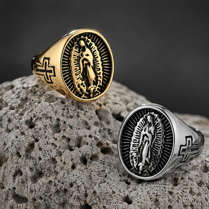 Christianartworkshop Bague imposante en relief avec croix Notre-Dame de Guadalupe : emblème intemporel d’une foi sacrée inébranlable - image 0