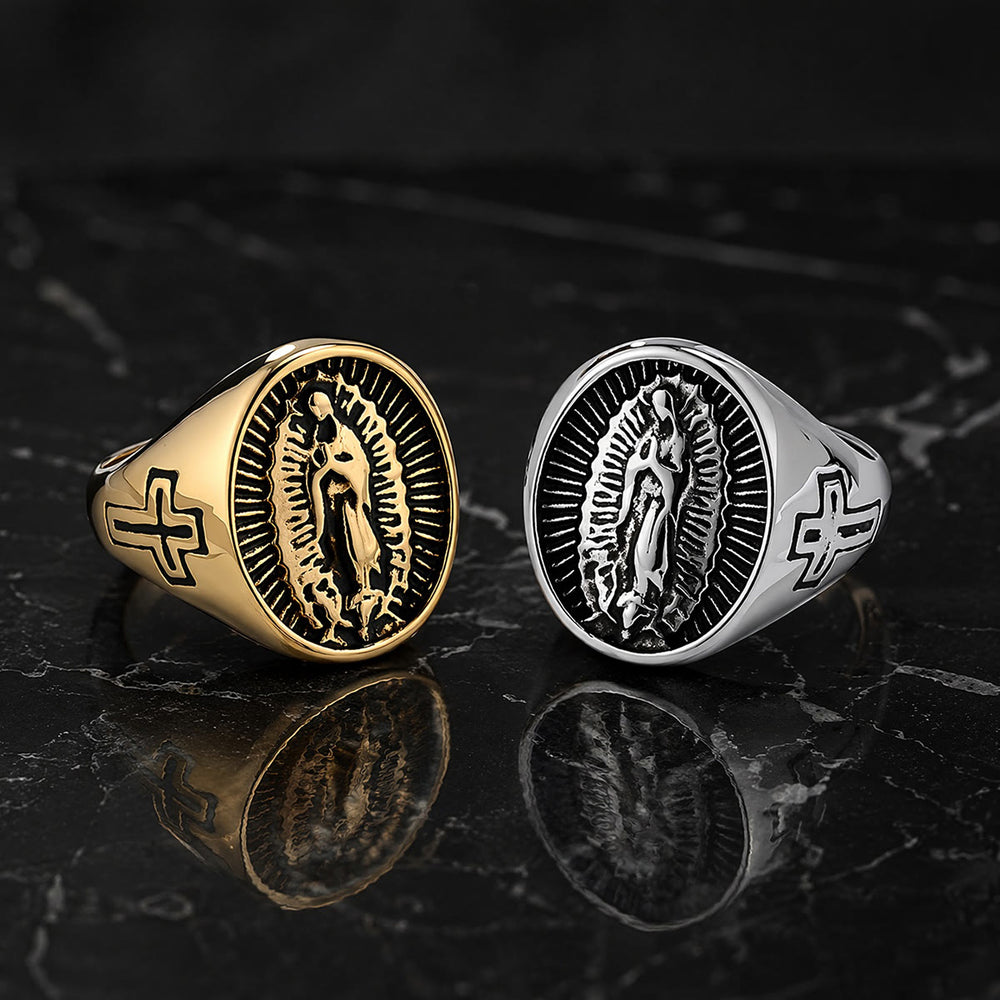 Christianartworkshop Bague imposante en relief avec croix Notre-Dame de Guadalupe : emblème intemporel d’une foi sacrée inébranlable - image 1