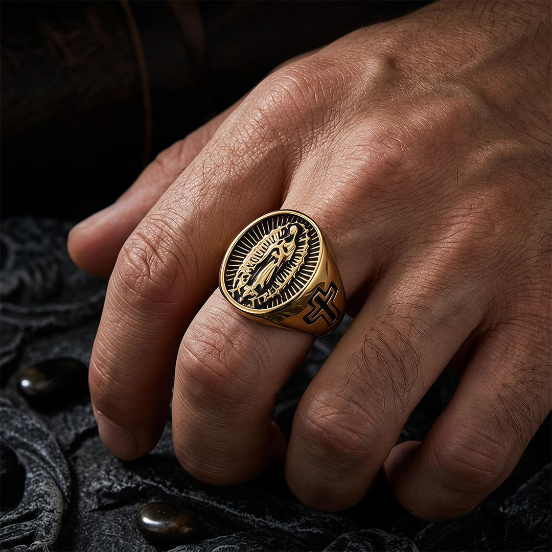 Christianartworkshop Bague imposante en relief avec croix Notre-Dame de Guadalupe : emblème intemporel d’une foi sacrée inébranlable - image 4