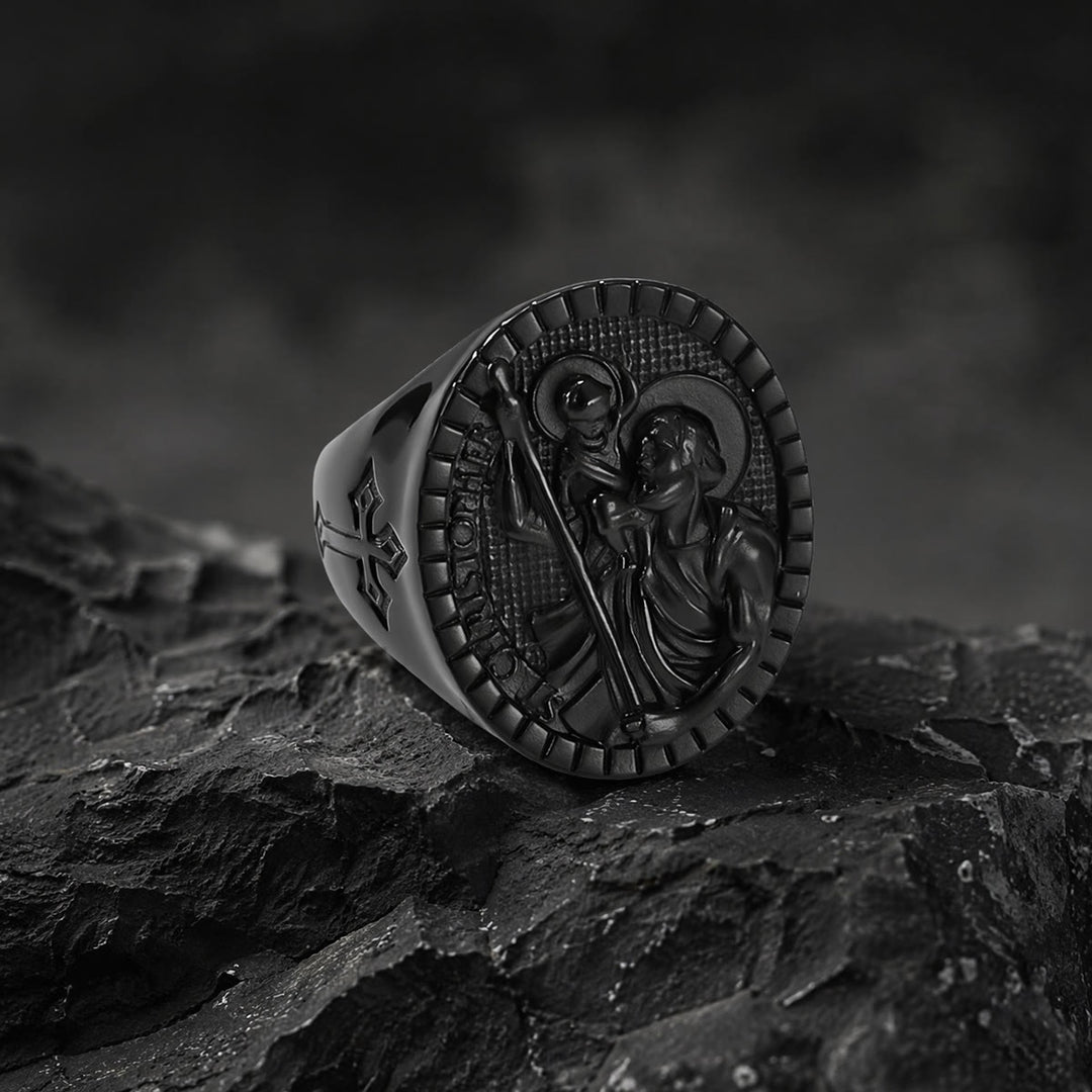 Christianartworkshop Bague chevalière Saint-Christophe à bordure cannelée ronde : emblème intemporel d’une foi sacrée inébranlable - Noir - US 12 - image 14