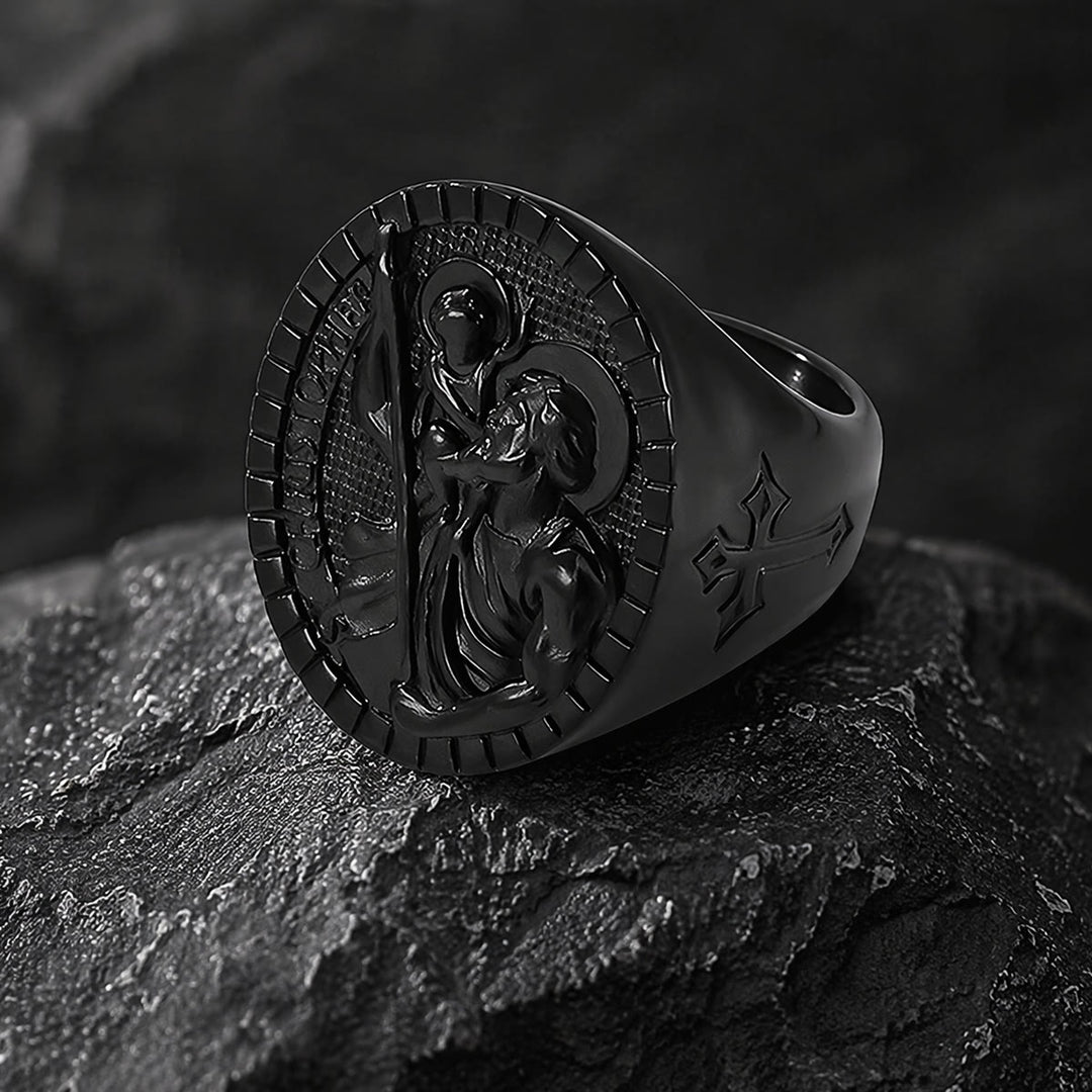 Christianartworkshop Bague chevalière Saint-Christophe à bordure cannelée ronde : emblème intemporel d’une foi sacrée inébranlable - image 15