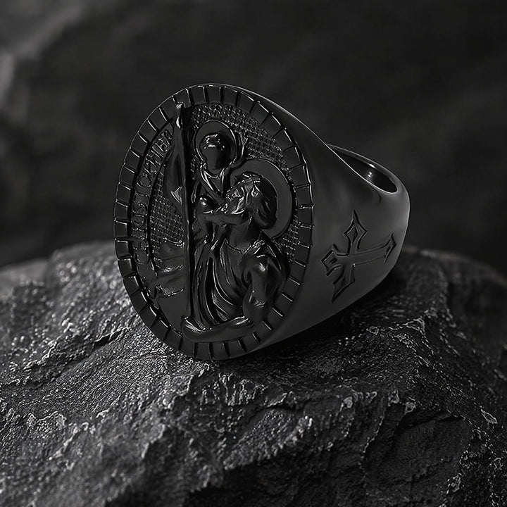 Christianartworkshop Bague chevalière Saint-Christophe à bordure cannelée ronde : emblème intemporel d’une foi sacrée inébranlable - image 15
