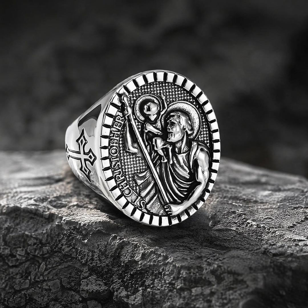 Christianartworkshop Bague chevalière Saint-Christophe à bordure cannelée ronde : emblème intemporel d’une foi sacrée inébranlable - Argent - US 12 - image 3