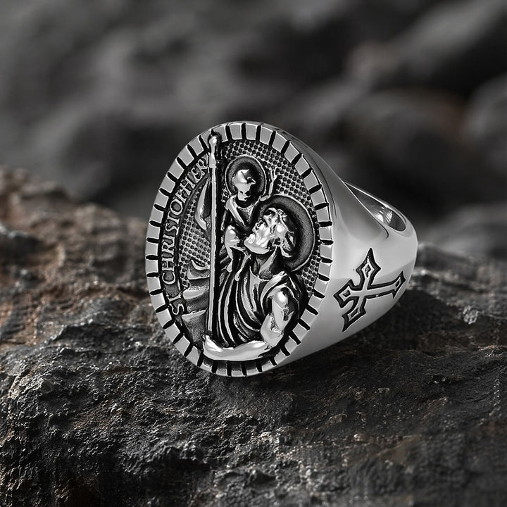 Christianartworkshop Bague chevalière Saint-Christophe à bordure cannelée ronde : emblème intemporel d’une foi sacrée inébranlable - image 7