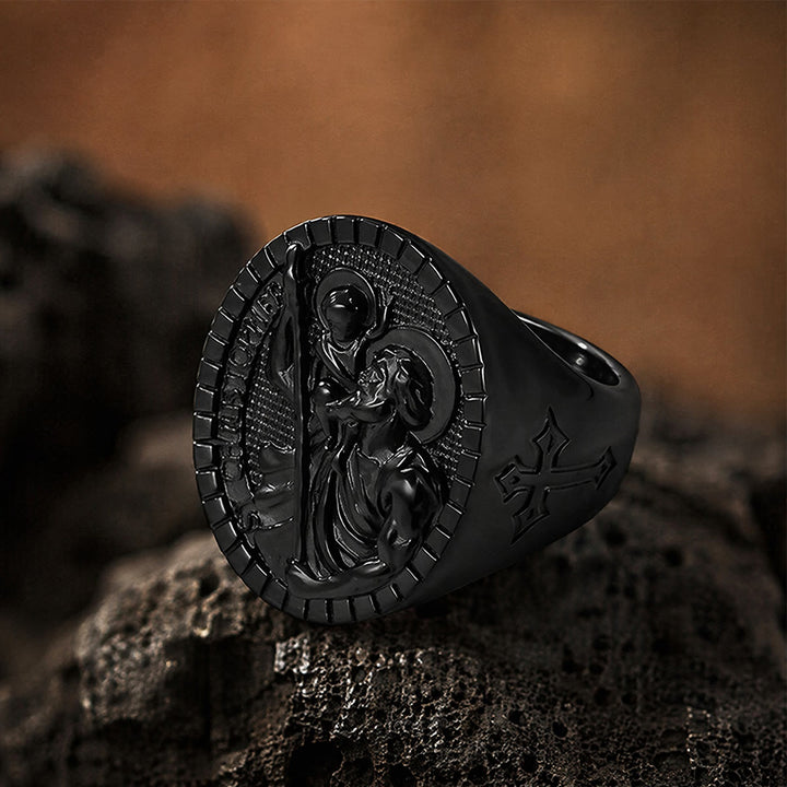 Christianartworkshop Bague chevalière Saint-Christophe à bordure cannelée ronde : emblème intemporel d’une foi sacrée inébranlable - image 18