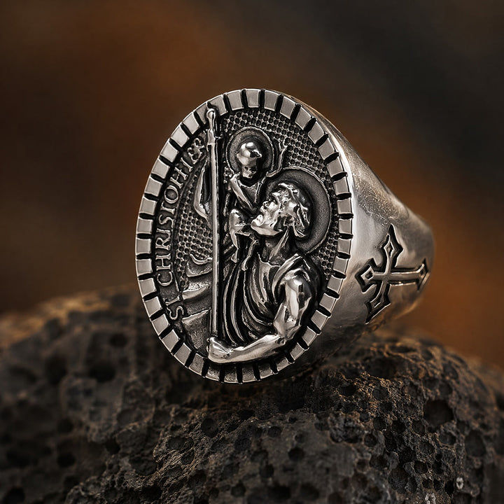 Christianartworkshop Bague chevalière Saint-Christophe à bordure cannelée ronde : emblème intemporel d’une foi sacrée inébranlable - image 9