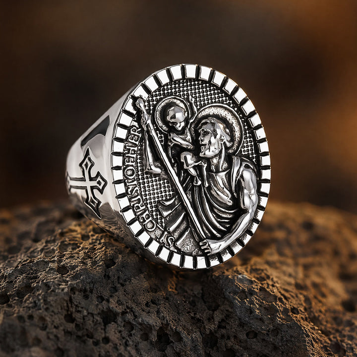 Christianartworkshop Bague chevalière Saint-Christophe à bordure cannelée ronde : emblème intemporel d’une foi sacrée inébranlable - image 8