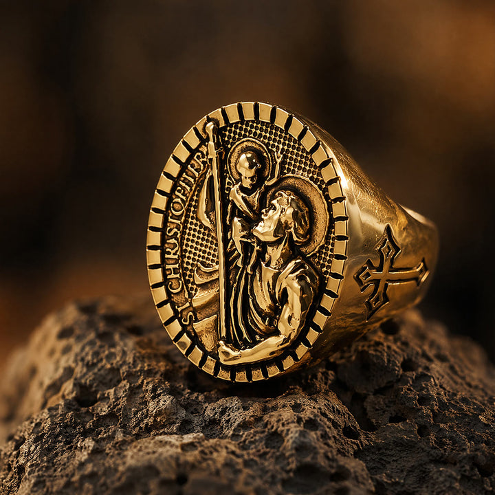 Christianartworkshop Bague chevalière Saint-Christophe à bordure cannelée ronde : emblème intemporel d’une foi sacrée inébranlable - image 11