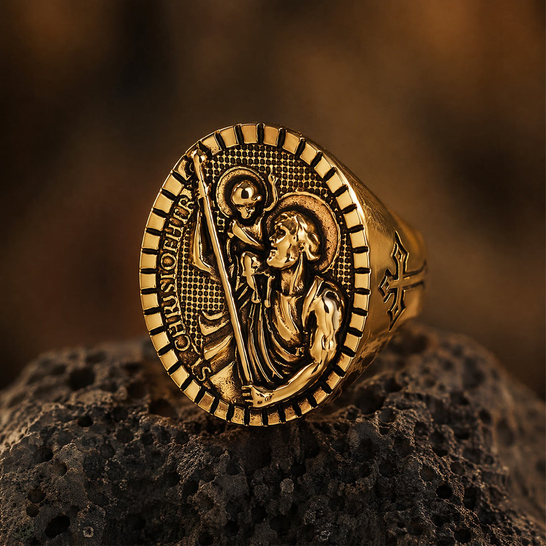 Christianartworkshop Bague chevalière Saint-Christophe à bordure cannelée ronde : emblème intemporel d’une foi sacrée inébranlable - image 12