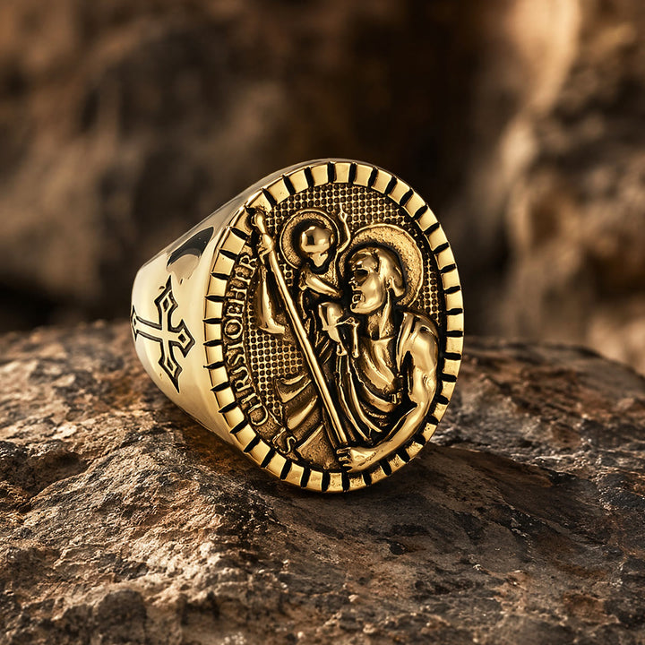 Christianartworkshop Bague chevalière Saint-Christophe à bordure cannelée ronde : emblème intemporel d’une foi sacrée inébranlable - Doré - US 12 - image 10