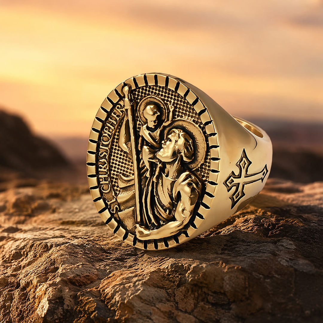 Christianartworkshop Bague chevalière Saint-Christophe à bordure cannelée ronde : emblème intemporel d’une foi sacrée inébranlable - image 13