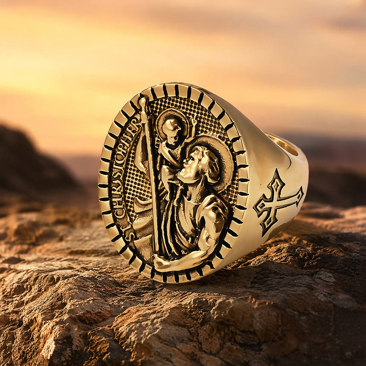 Christianartworkshop Bague chevalière Saint-Christophe à bordure cannelée ronde : emblème intemporel d’une foi sacrée inébranlable - image 13