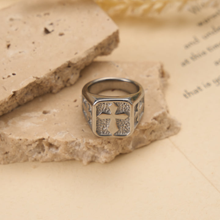 Christianartworkshop Bague chevalière à double panneau carré et croix massive : emblème intemporel d'une foi sacrée inébranlable - Argent - US 15 - image 2