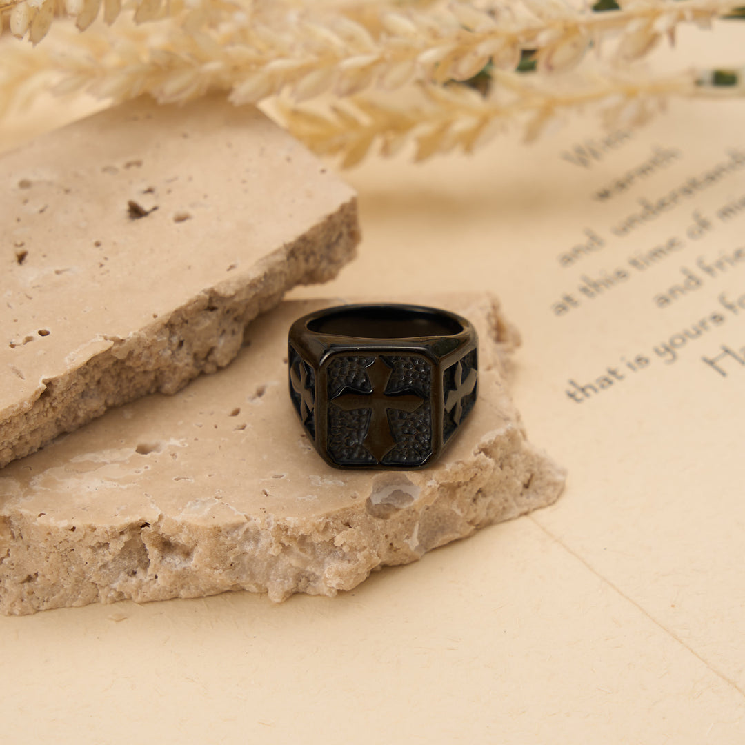 Christianartworkshop Bague chevalière à double panneau carré et croix massive : emblème intemporel d'une foi sacrée inébranlable - Noir - US 15 - image 4