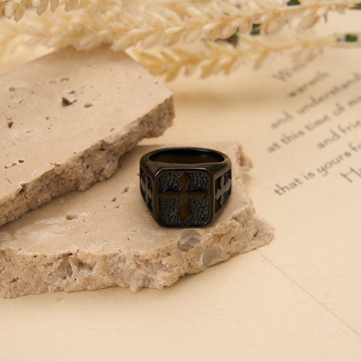 Christianartworkshop Bague chevalière à double panneau carré et croix massive : emblème intemporel d'une foi sacrée inébranlable - Noir - US 15 - image 4