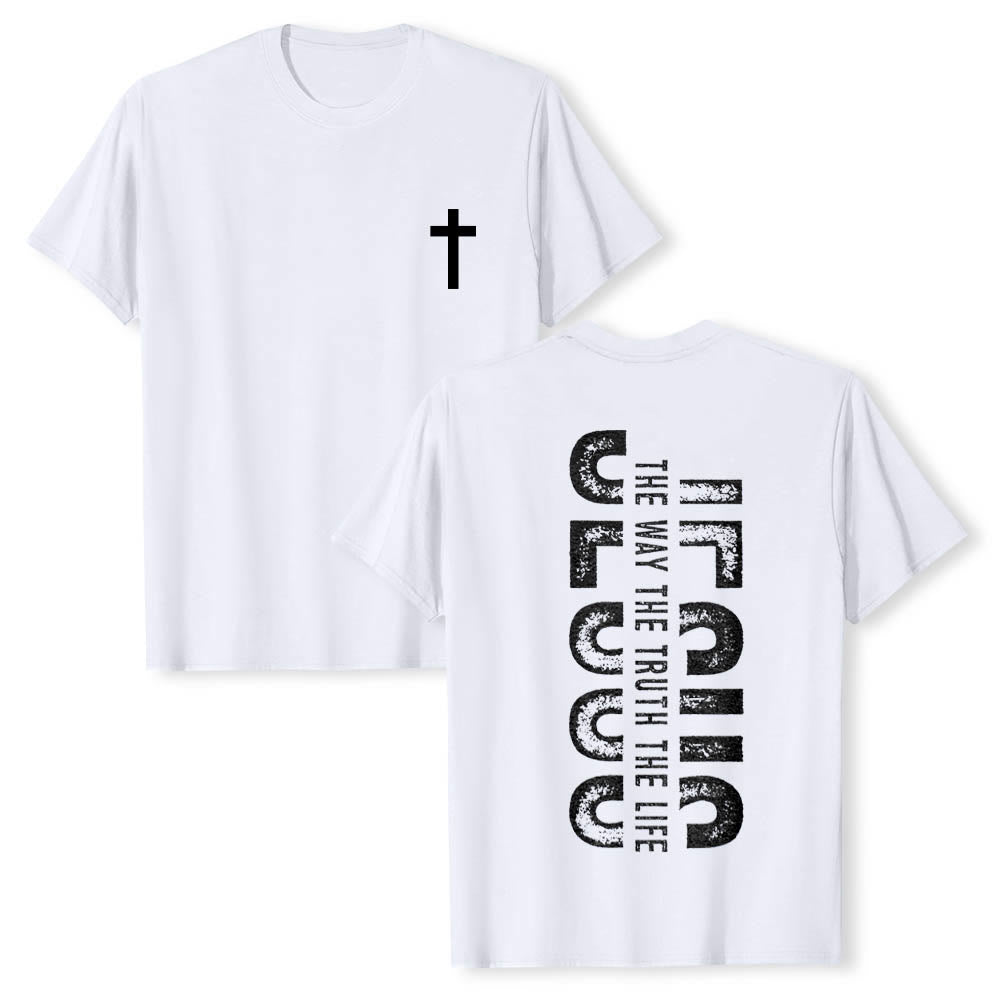 Christianartworkshop T-shirt premium à manches courtes avec imprimé croisé devant et dos vertical effet vieilli « JÉSUS Le Chemin, la Vérité, la Vie » - Blanc - 2XL - image 3