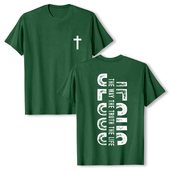 Christianartworkshop T-shirt premium à manches courtes avec imprimé croisé devant et dos vertical effet vieilli « JÉSUS Le Chemin, la Vérité, la Vie » - Vert foncé - 2XL - image 6