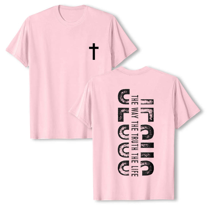 Christianartworkshop T-shirt premium à manches courtes avec imprimé croisé devant et dos vertical effet vieilli « JÉSUS Le Chemin, la Vérité, la Vie » - Rose - 2XL - image 24