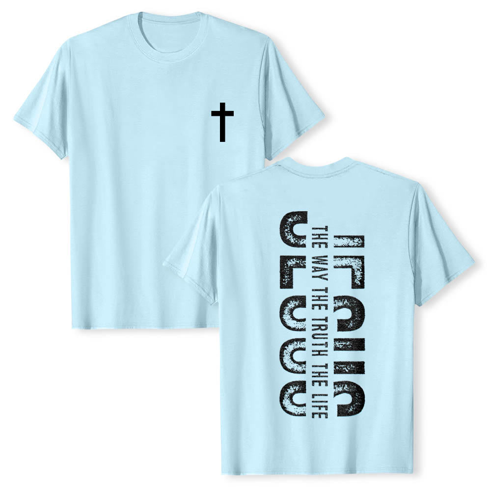 Christianartworkshop T-shirt premium à manches courtes avec imprimé croisé devant et dos vertical effet vieilli « JÉSUS Le Chemin, la Vérité, la Vie » - Bleu - 2XL - image 9