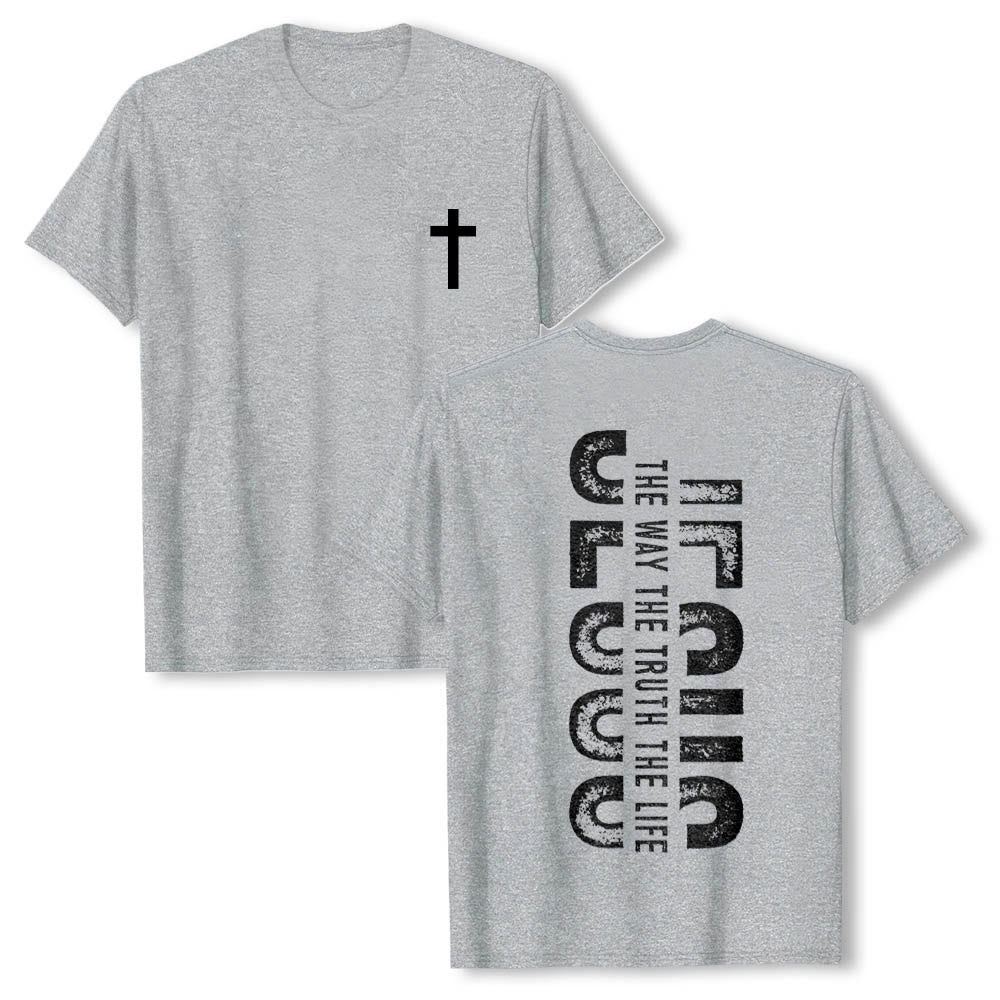 Christianartworkshop T-shirt premium à manches courtes avec imprimé croisé devant et dos vertical effet vieilli « JÉSUS Le Chemin, la Vérité, la Vie » - Gris - 2XL - image 0