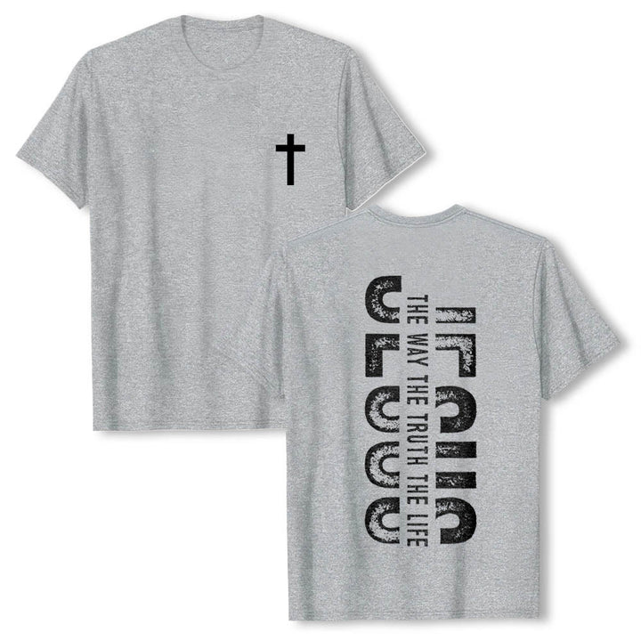 Christianartworkshop T-shirt premium à manches courtes avec imprimé croisé devant et dos vertical effet vieilli « JÉSUS Le Chemin, la Vérité, la Vie » - Gris - 2XL - image 0